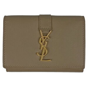 Saint Laurent logo tri fold wallet compact beige leather